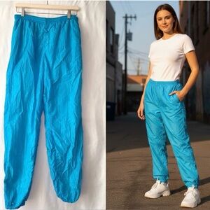 VTG Norm Thompson Blue Nylon Track Pants Cotton Lined Zip Ankle 90s - Med